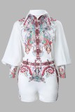 White Casual Print Patchwork With Belt Turndown Collar Long Sleeve Two Pieces