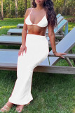 Cream White Sexy Solid Bandage Backless Swimsuit Three Piece Set