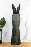 Черное сексуальное лоскутное горячее сверление с открытой спиной и V-образным вырезом, длинное платье, платья