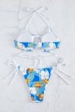 Blue Sexy Print Bandage Backless Swimwears (With Paddings)