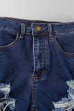 Deep Blue Casual Solid Ripped High Waist Regular Denim Shorts