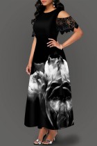 Zwarte casual print uitgeholde jurk met korte mouwen en korte mouwen