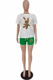 Green Sportswear Print Letter O Neck Short Sleeve Two Pieces