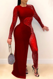 Бордовое сексуальное платье в стиле пэчворк с круглым вырезом и круглым вырезом