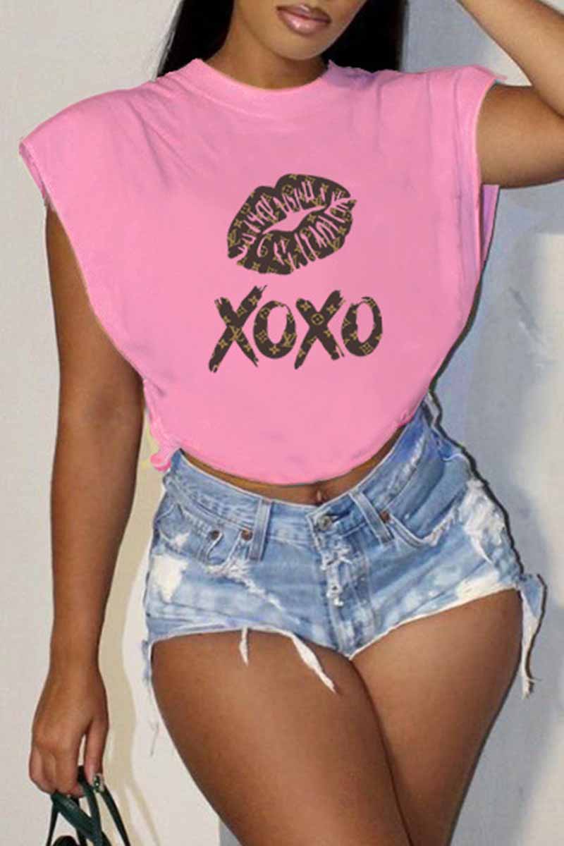 

Pink Casual Print Letter O Neck T-Shirts