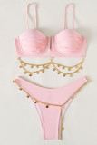 Roze Sexy Effen Patchwork Metalen Accessoires Decoratie Zwemkleding