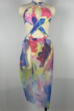 Multicolor Sexy Print Tie Dye Bandage Hollowed Out Backless Swimwears (With Paddings)