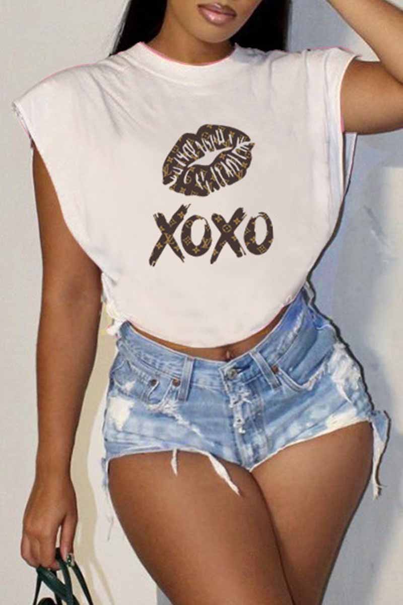 

White Casual Print Letter O Neck T-Shirts