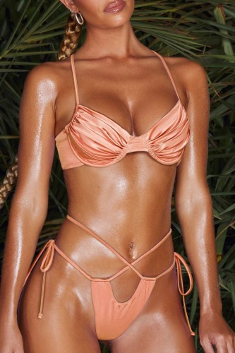 Light Orange Sexy Solid Bandage Hollowed Out Backless Swimwears (With Paddings)