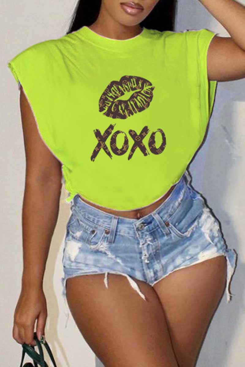 

Light Green Casual Print Letter O Neck T-Shirts