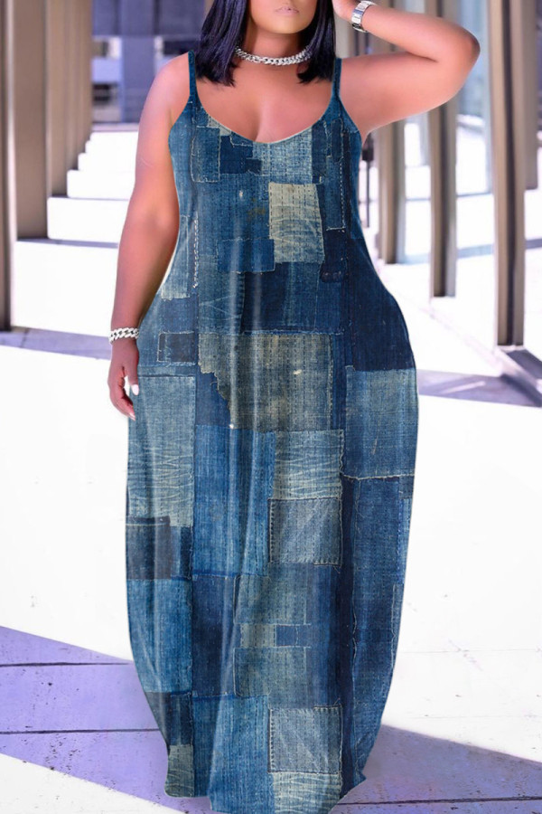 Темно-синее сексуальное повседневное длинное платье с открытой спиной и бретельками с принтом