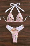 Pink Sexy Print Hollowed Out Backless Swimwears (With Paddings)