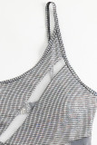Silberfarbene, sexy, solide, ausgehöhlte Patchwork-durchsichtige asymmetrische Badebekleidung