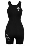 Black Street Geometric Embroidered O Neck Plus Size Jumpsuits