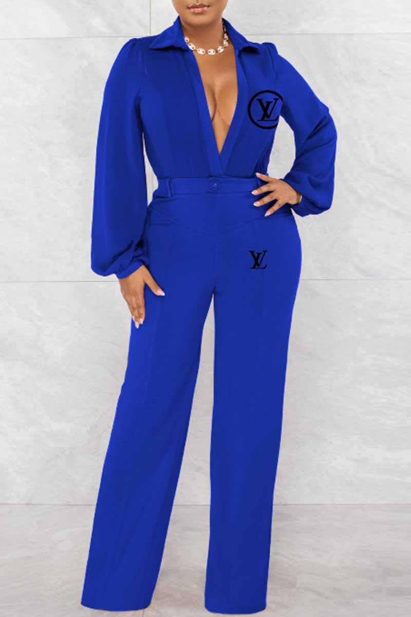 

Blue Sexy Print Letter V Neck Jumpsuits