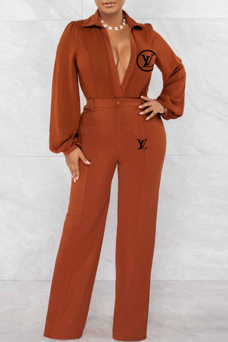 

Earth Yellow Sexy Print Letter V Neck Jumpsuits