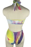 Veelkleurige sexy print tie-dye bandage uitgeholde rugloze badkleding (met vullingen)