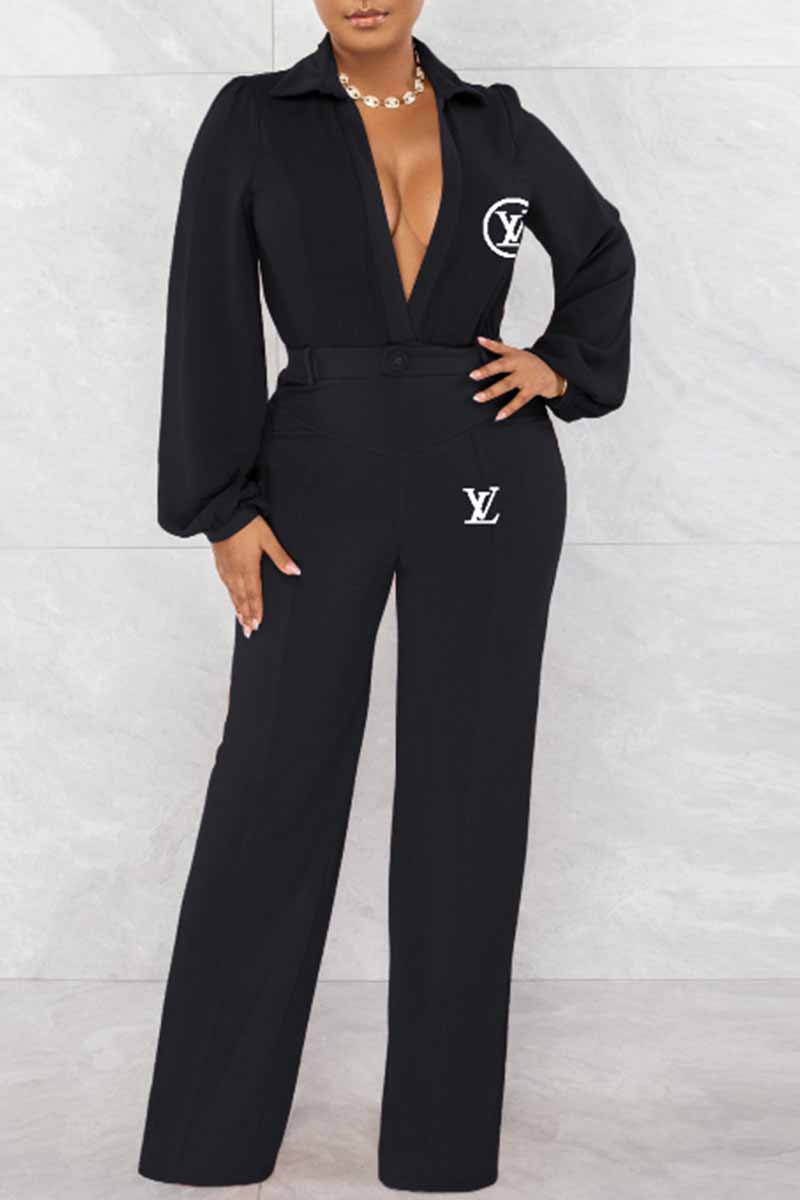 

Black Sexy Print Letter V Neck Jumpsuits