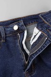 Pantalones cortos de mezclilla regulares de cintura alta rasgados sólidos informales azul profundo
