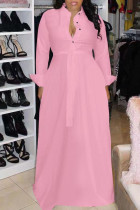 ピンク カジュアル ソリッド バンデージ パッチワーク バックル ターンダウン カラー ストレート ドレス