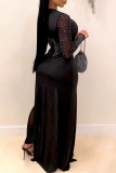 Черное сексуальное платье в стиле пэчворк с горячей дрелью и круглым вырезом