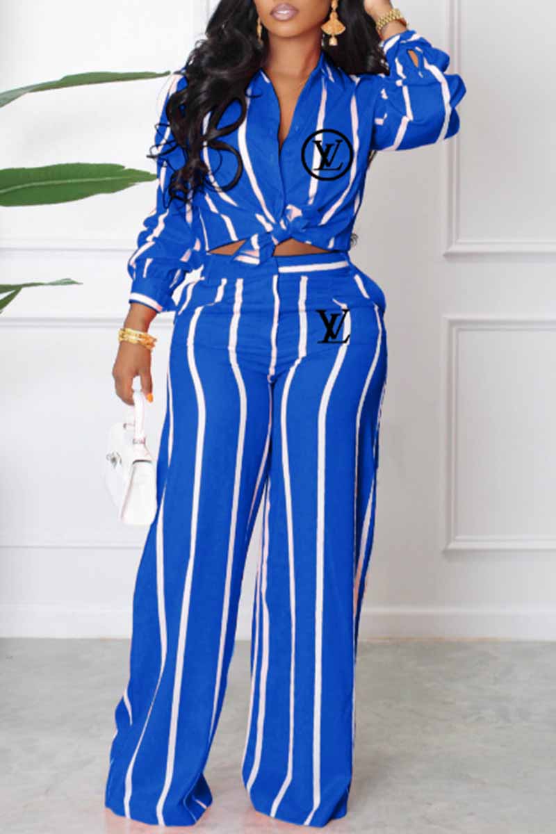 

Blue Casual Striped Print Letter Turndown Collar Long Sleeve Two Pieces