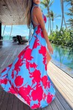 Blauwe sexy print patchwork backless spleet asymmetrische halter lange jurk jurken
