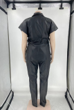 Black Casual Solid Draw String Turndown Collar Plus Size Two Pieces