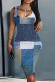 Robes de robe de gilet de base à col en U à imprimé décontracté bleu