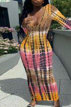 ピンクのカジュアルプリントパッチワークUネックワンステップスカートドレス