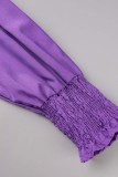Пурпурные повседневные однотонные платья с длинным рукавом в стиле пэчворк с V-образным вырезом
