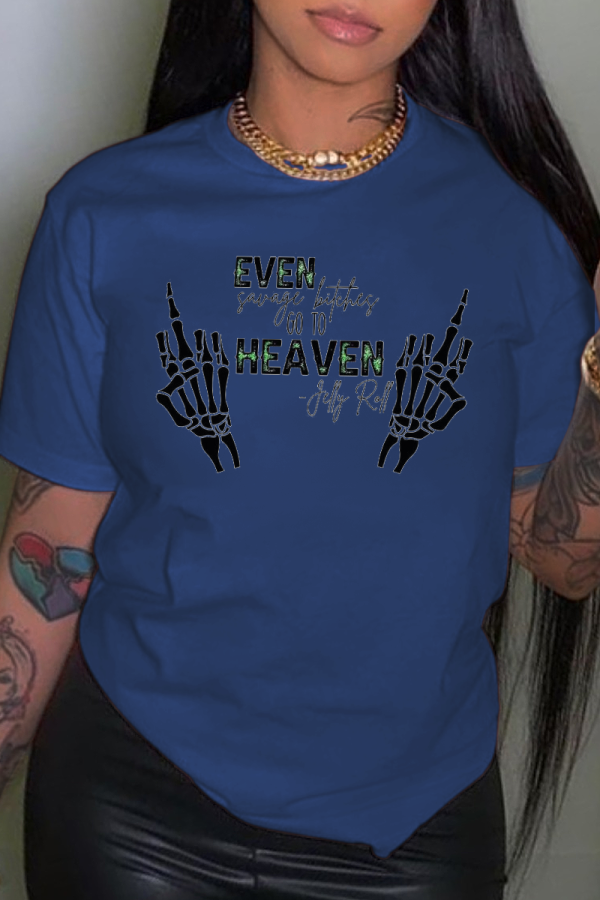 Navy Blue Casual Basis Print Skull Patchwork O Neck T-Shirts