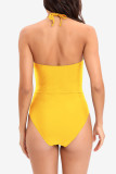 Желтый сексуальный однотонный купальник со складками и открытой спиной (с прокладками)