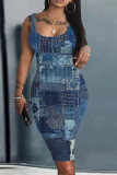 Синий Серый Повседневный принт Базовое платье-майка с U-образным вырезом Платья