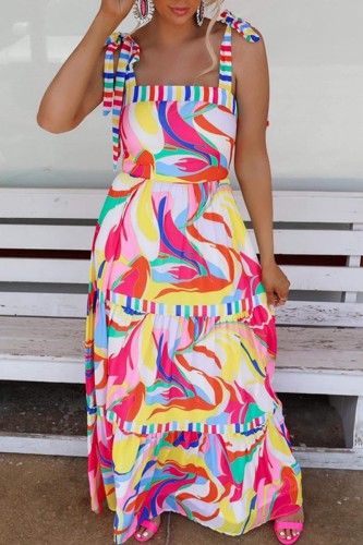 Colour Sexy Casual Print Bandage Backless Square Collar Sling Dress Dresses