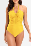 Желтый сексуальный однотонный купальник со складками и открытой спиной (с прокладками)
