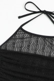 Black Sexy Solid Patchwork Draw String See-through Swimwears Cover Up