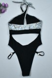 Серебряный сексуальный лоскутный бандажный купальник с открытой спиной (с прокладками)