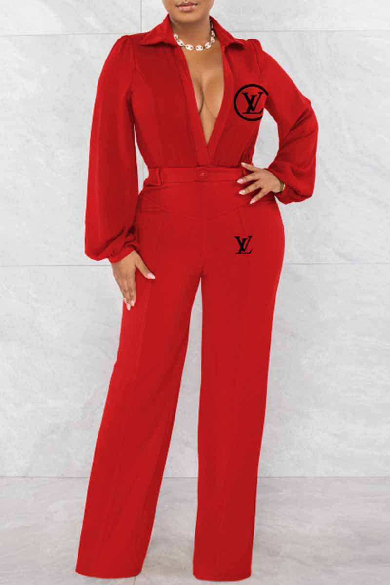 

Red Sexy Print Letter V Neck Jumpsuits