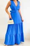 Синее повседневное сплошное пэчворк с поясом V-образным вырезом Длинное платье Платья