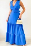 ブルー カジュアル ソリッド パッチワーク ベルト付き Vネック ロングドレス ドレス