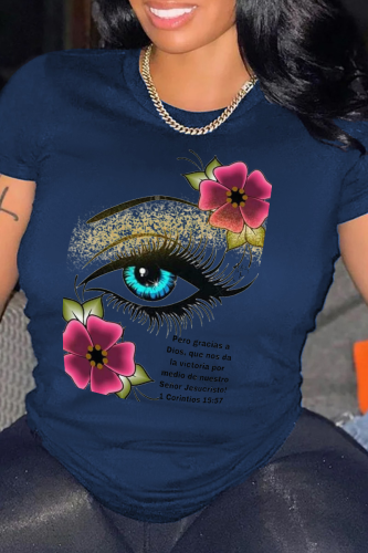 Marineblauwe Street Eyes bedrukte patchwork T-shirts met ronde hals