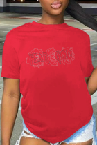 Camisetas Red Street Print Patchwork O Neck