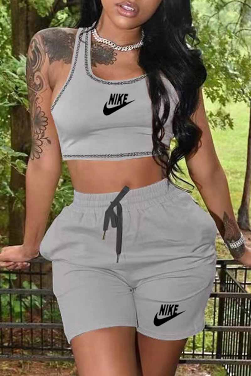 

Grey Casual Print Letter U Neck Sleeveless Two Pieces