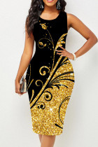 Золотые повседневные платья с принтом в стиле пэчворк и круглым вырезом, юбка-карандаш