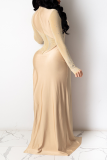 Абрикосовое сексуальное платье в стиле пэчворк с горячей дрелью и круглым вырезом