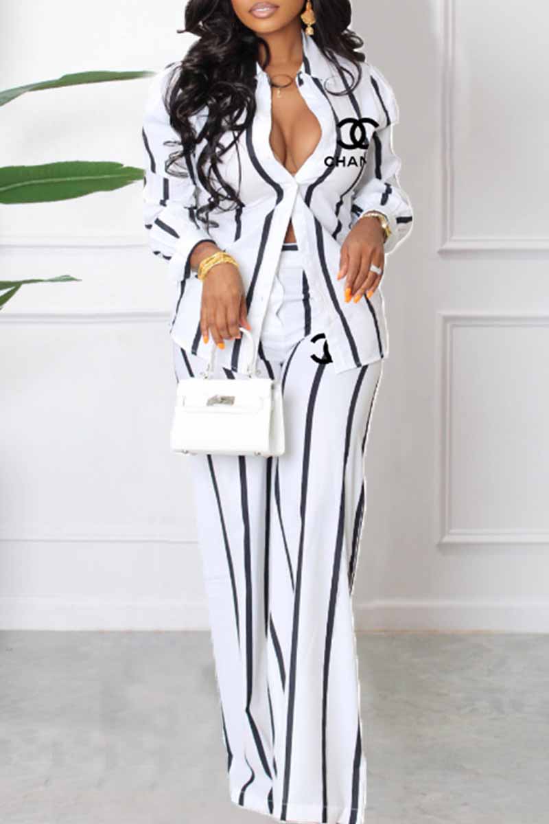 

White Casual Street Striped Print Letter Turndown Collar Long Sleeve Two Pieces