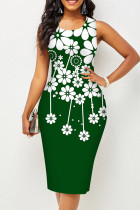グリーンカジュアルプリントパッチワークOネックペンシルスカートドレス