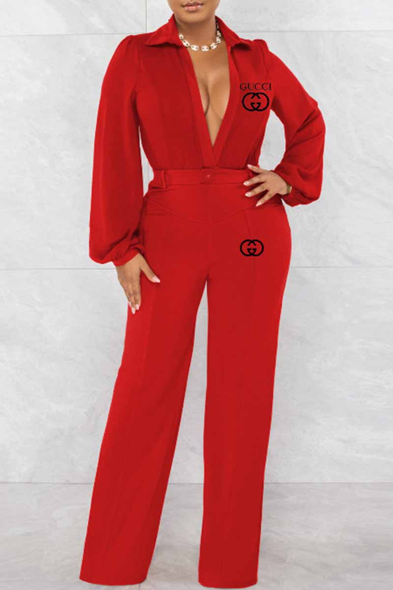 

Red Sexy Print Letter V Neck Jumpsuits