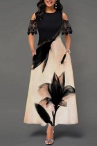 Абрикосовое повседневное платье с круглым вырезом и коротким рукавом с принтом Платья Платья